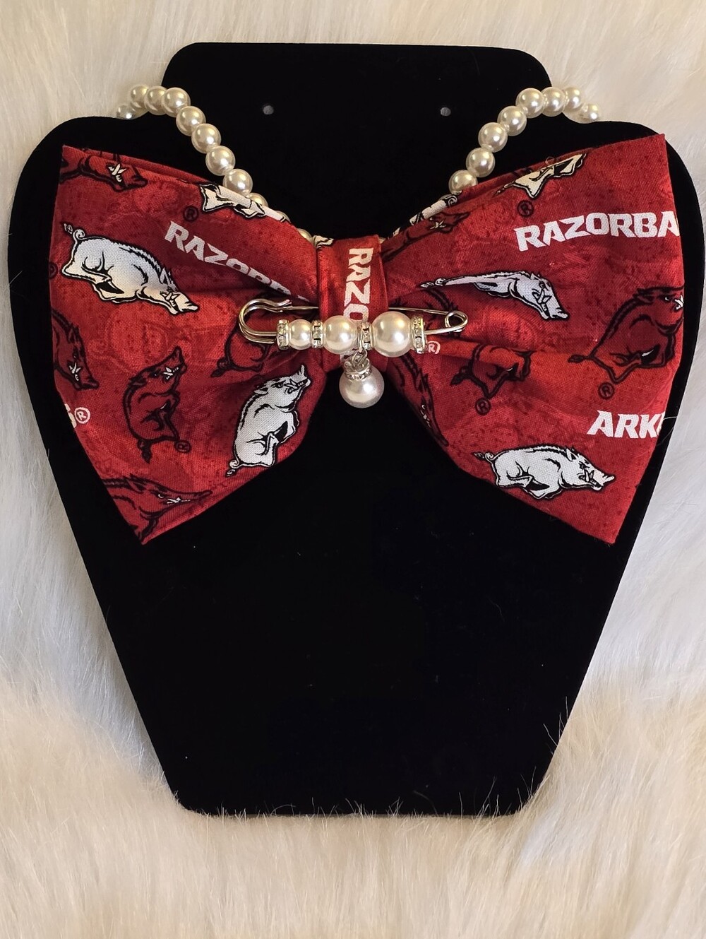 Razorbacks Red Bow Tie Necklace with Pearl Accents